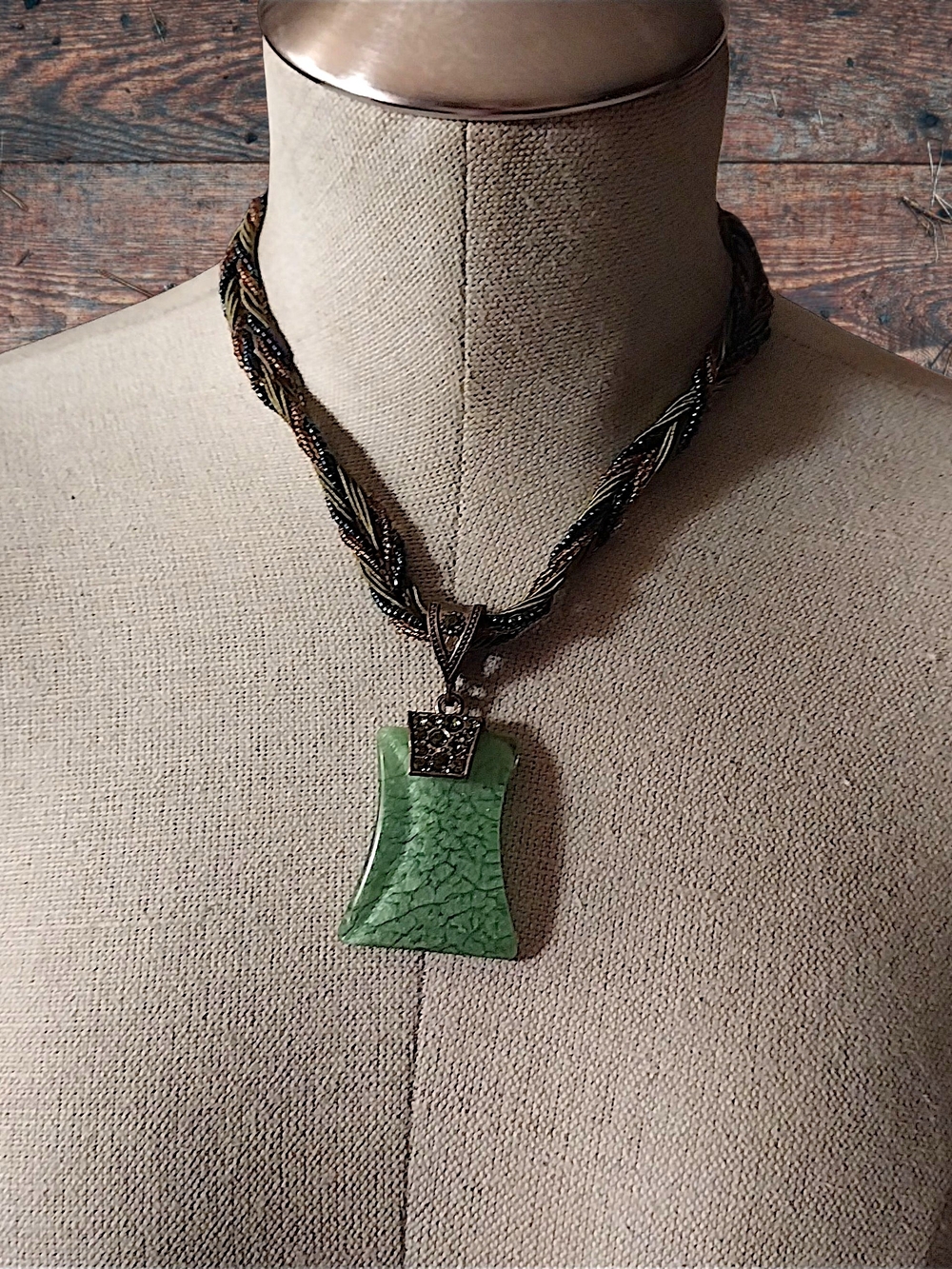 Green Stone Pendant Necklace with Braided Chain